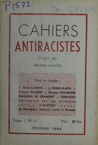Cahiers Anti-Racistes Vol.1 N°4 (Fév. 1944) (bis)